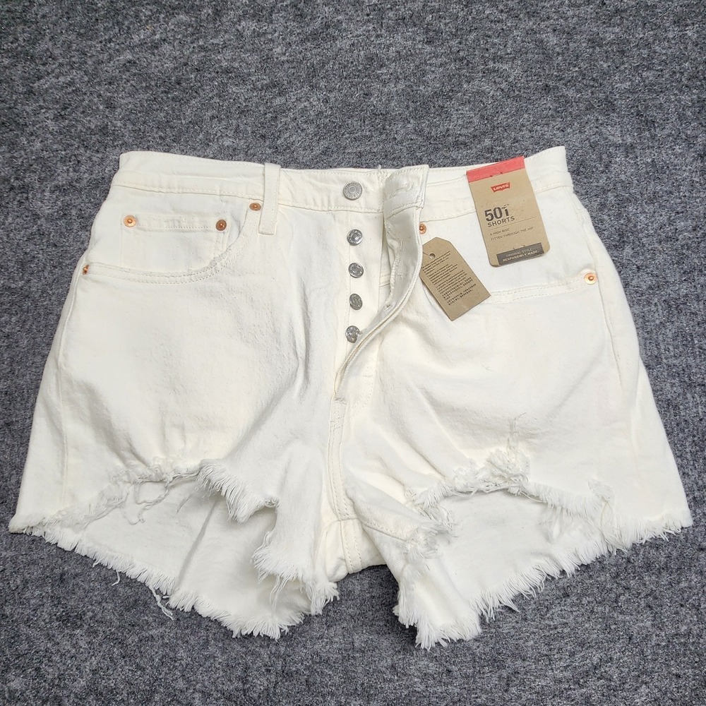 Levis 501 Womens White Button Fly Cutoff Hem Distressed High Rise Shorts 31 NWT